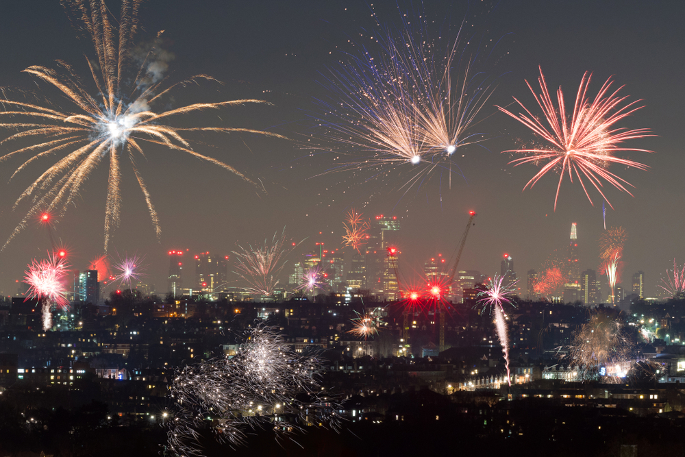 View of London from Alexandra Palace overlooking lots of fireworks going off