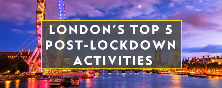 A photograph of the London skyline at sunset overlaid with a caption that says London Top Five Post-Lockdown Activities