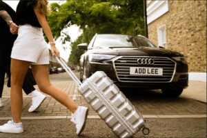 Couple Walking with Suitcase In Front of Car
