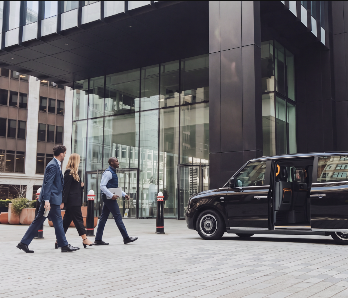 3 legal workers in London getting into an Addison Lee black taxi